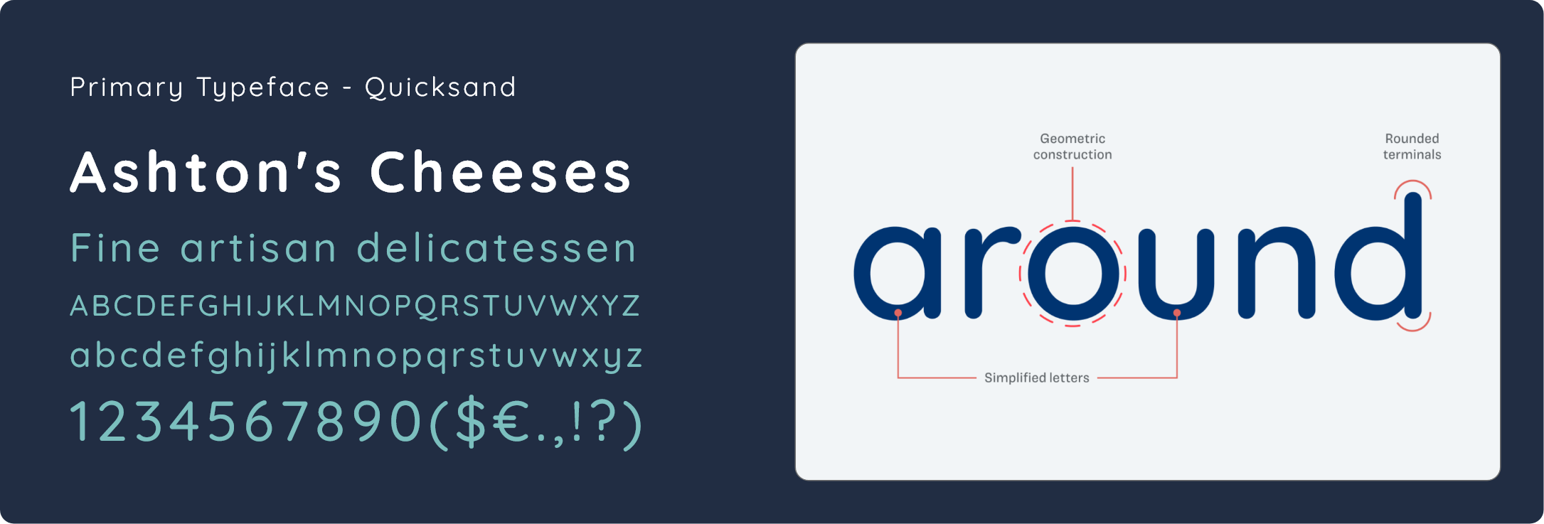 Typography specification showing Quicksand font used for Ashton's cheeses.