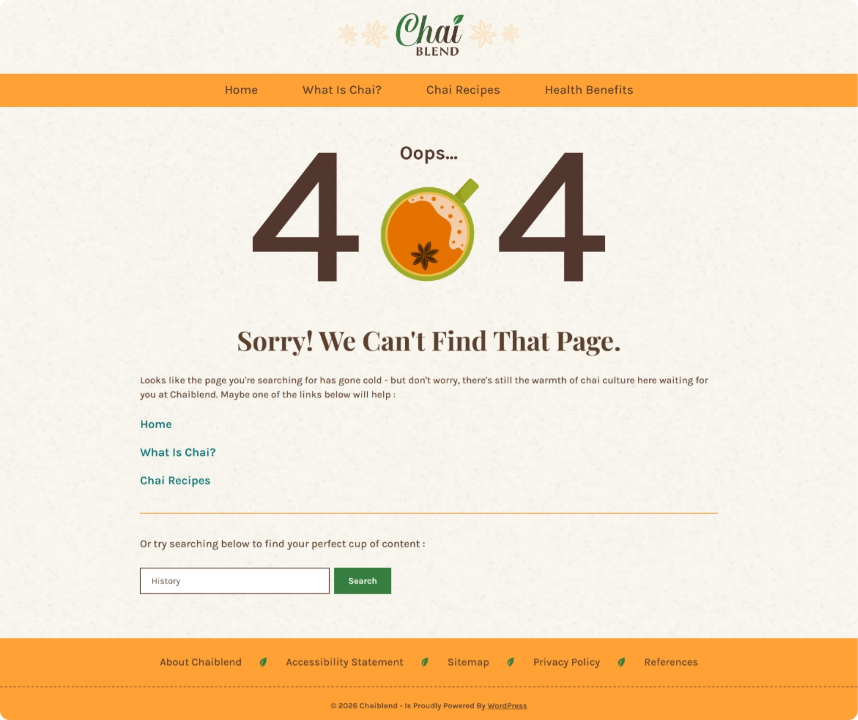 Desktop version of custom 404 error page of chaiblend.