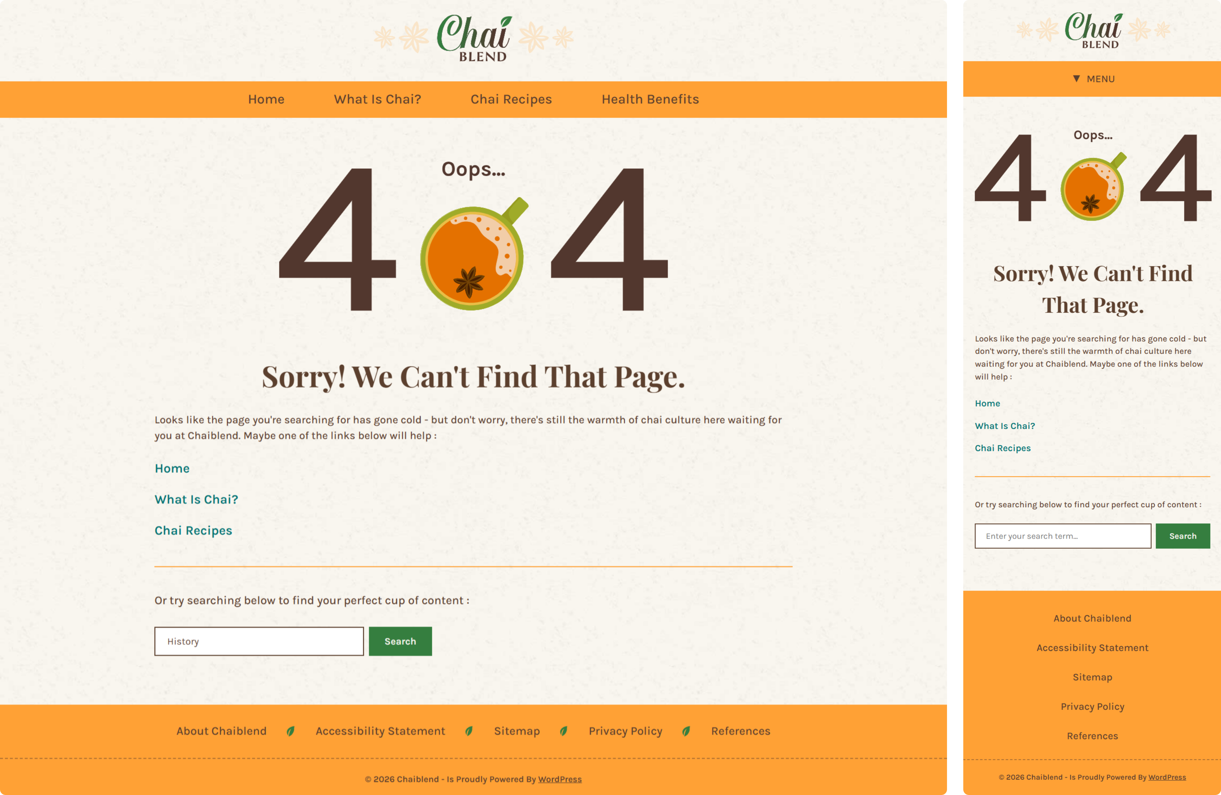 Custom 404 error page of chaiblend shown on desktop and mobile.