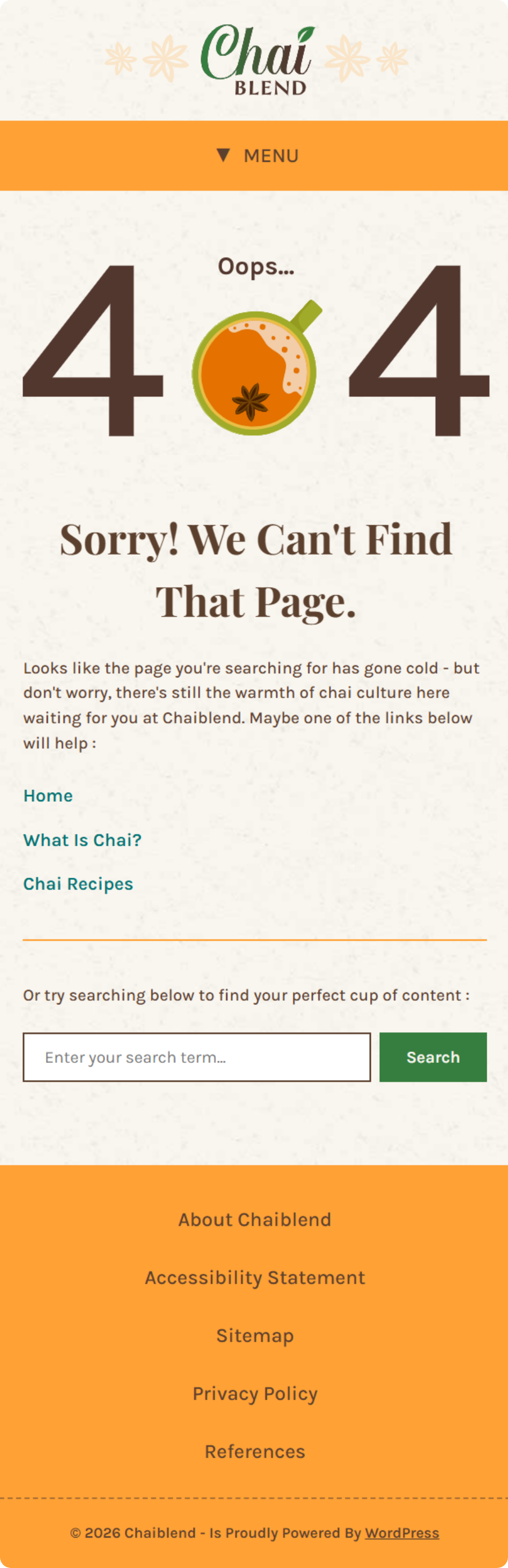 Mobile version of custom 404 error page of chaiblend.