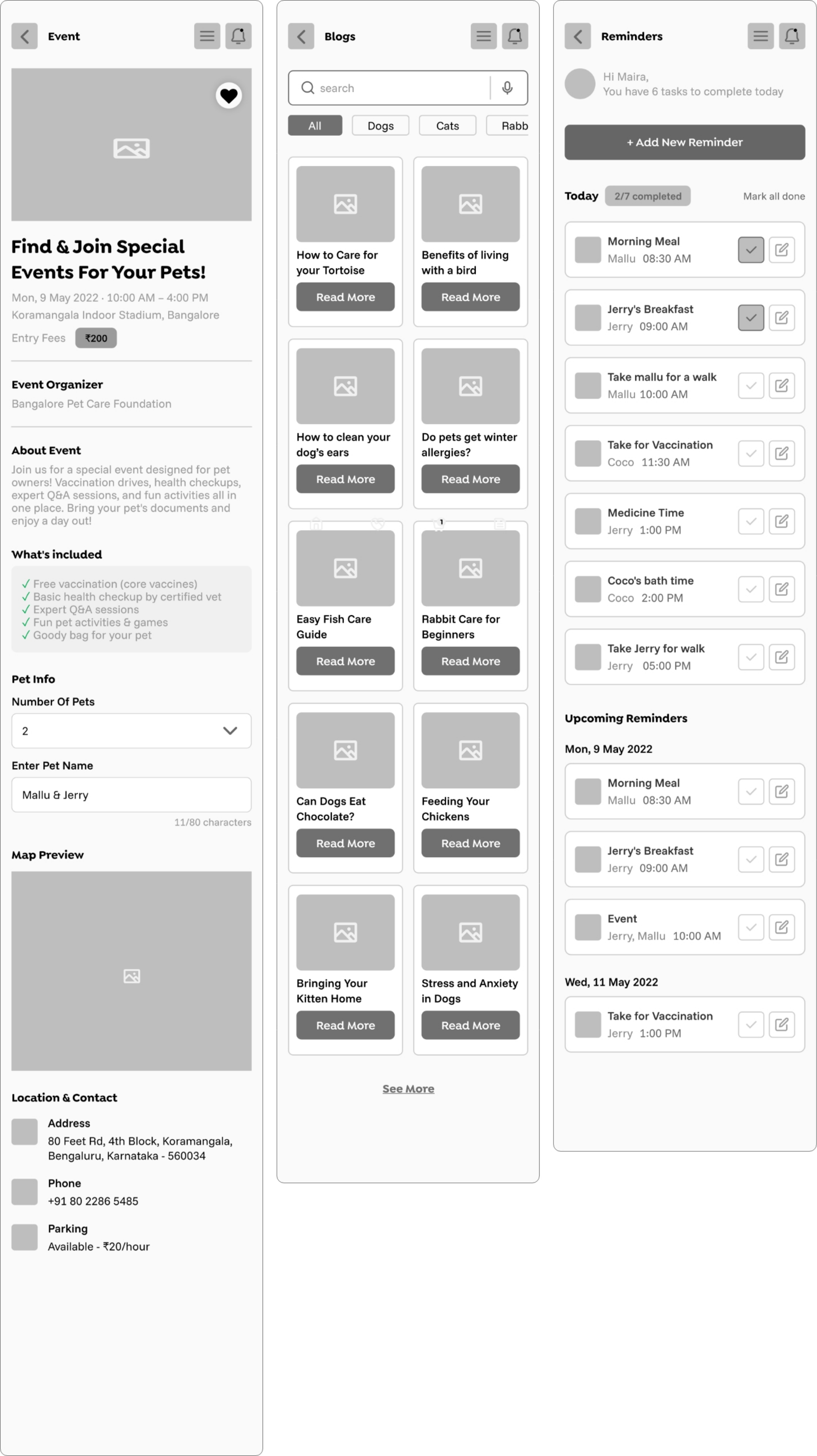 Wireframe layout for event detail, blog listing and reminder pages.