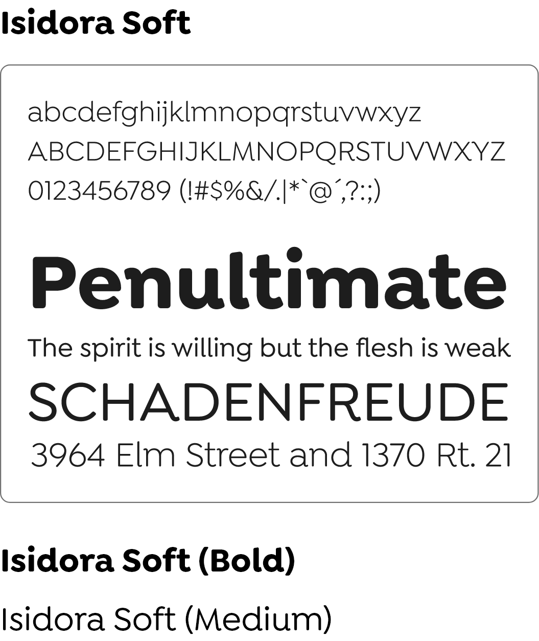 Typography specification showing Isidora Soft font used for primary headings.