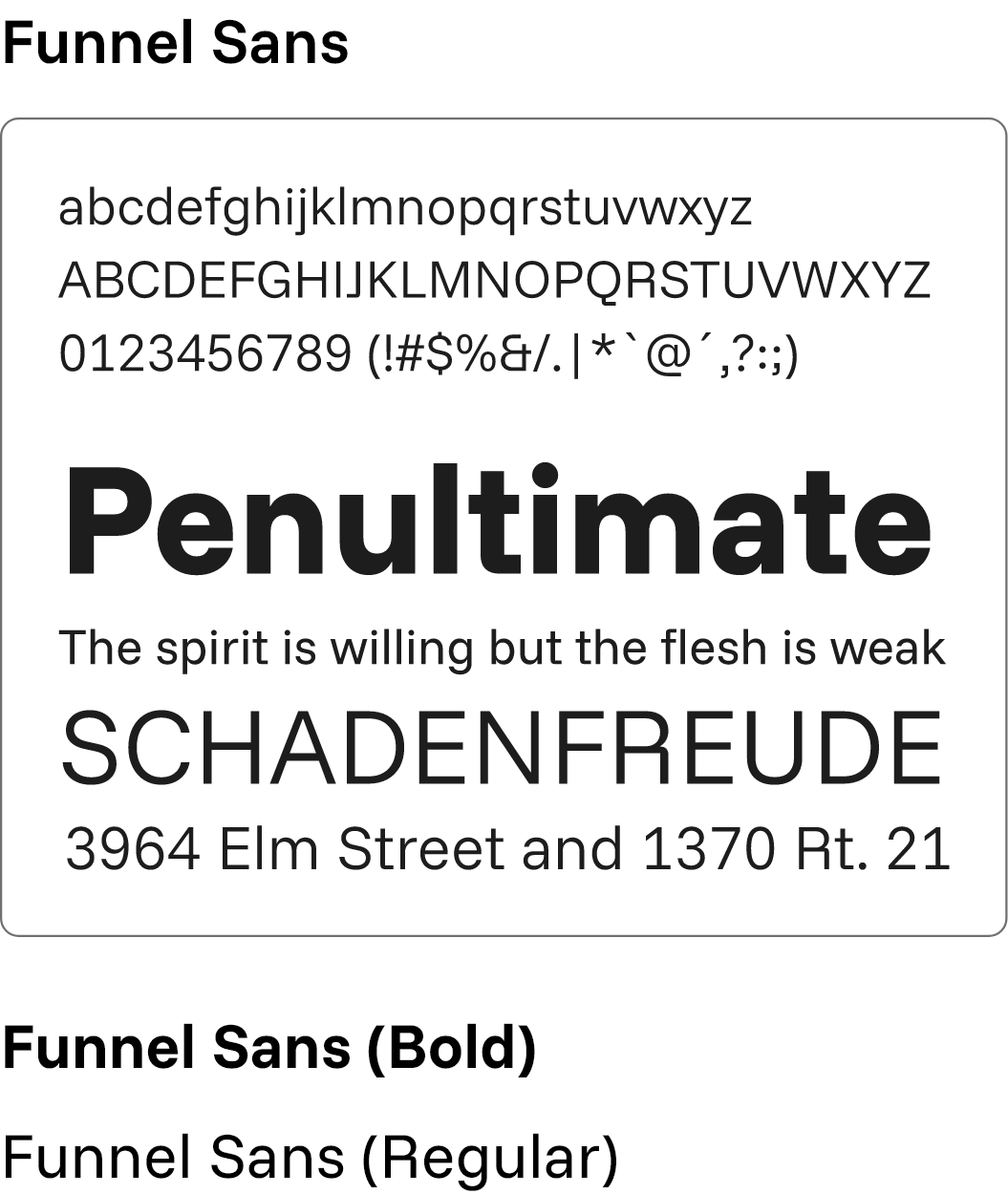 Typography specification showing Funnel Sans font used for body text.