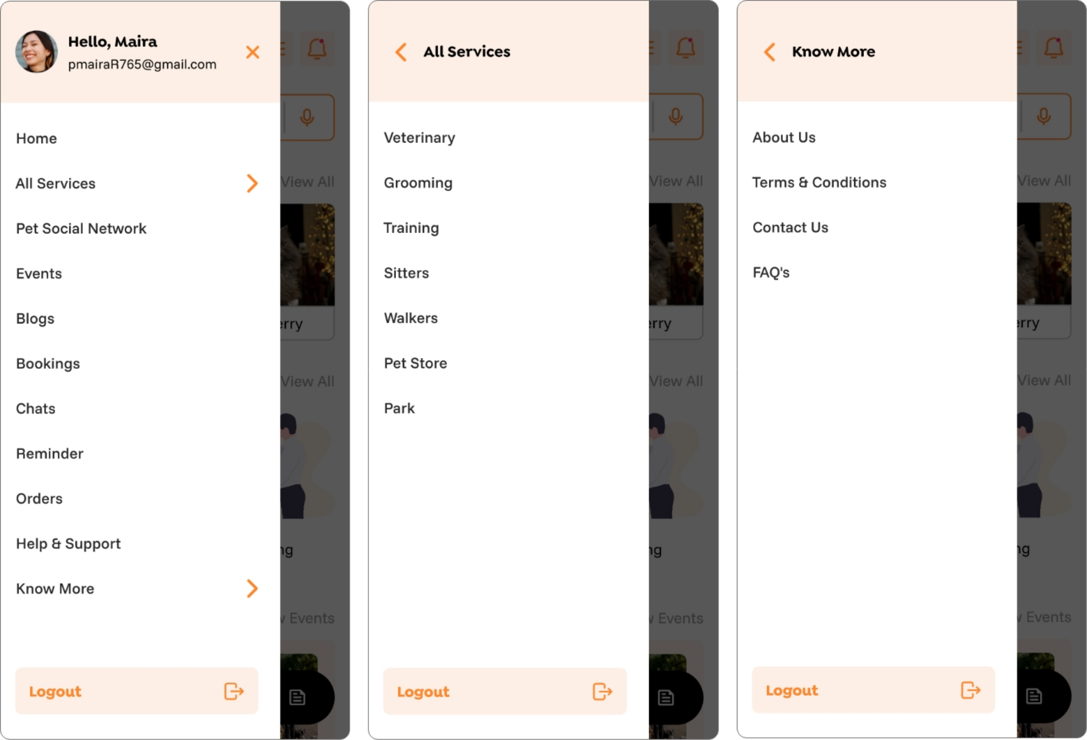 Final UI design layout for navigation hamburger menu.