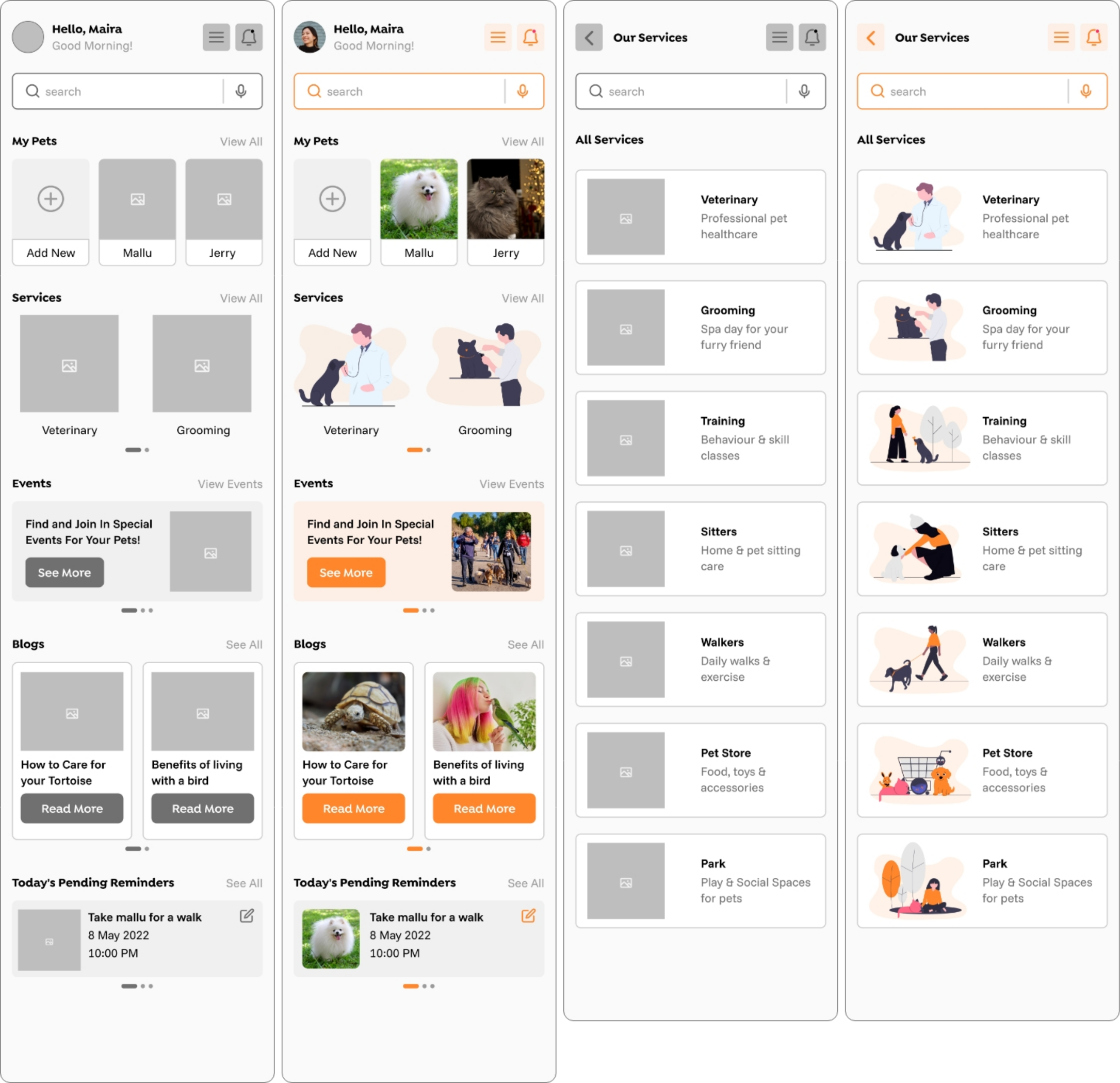 Final UI designs of the main homepage dashboard and services list page.