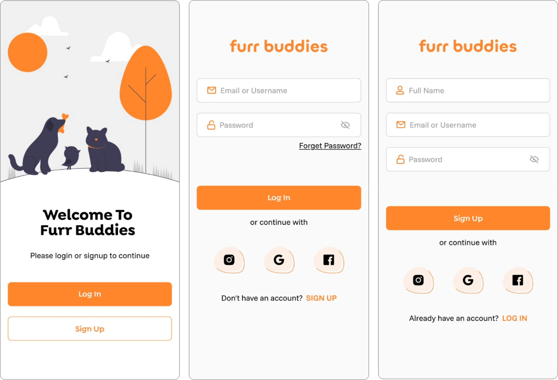 Final UI design for login and user registration screens.