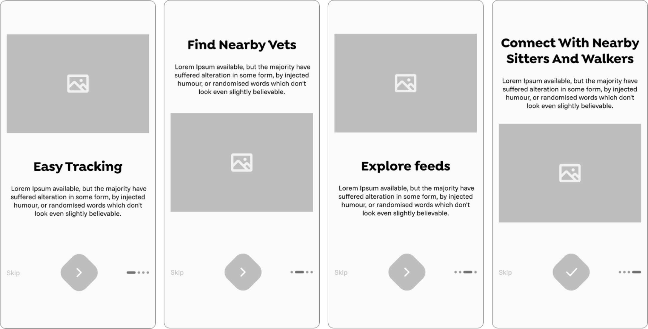 Wireframe design layout for onboarding screens.