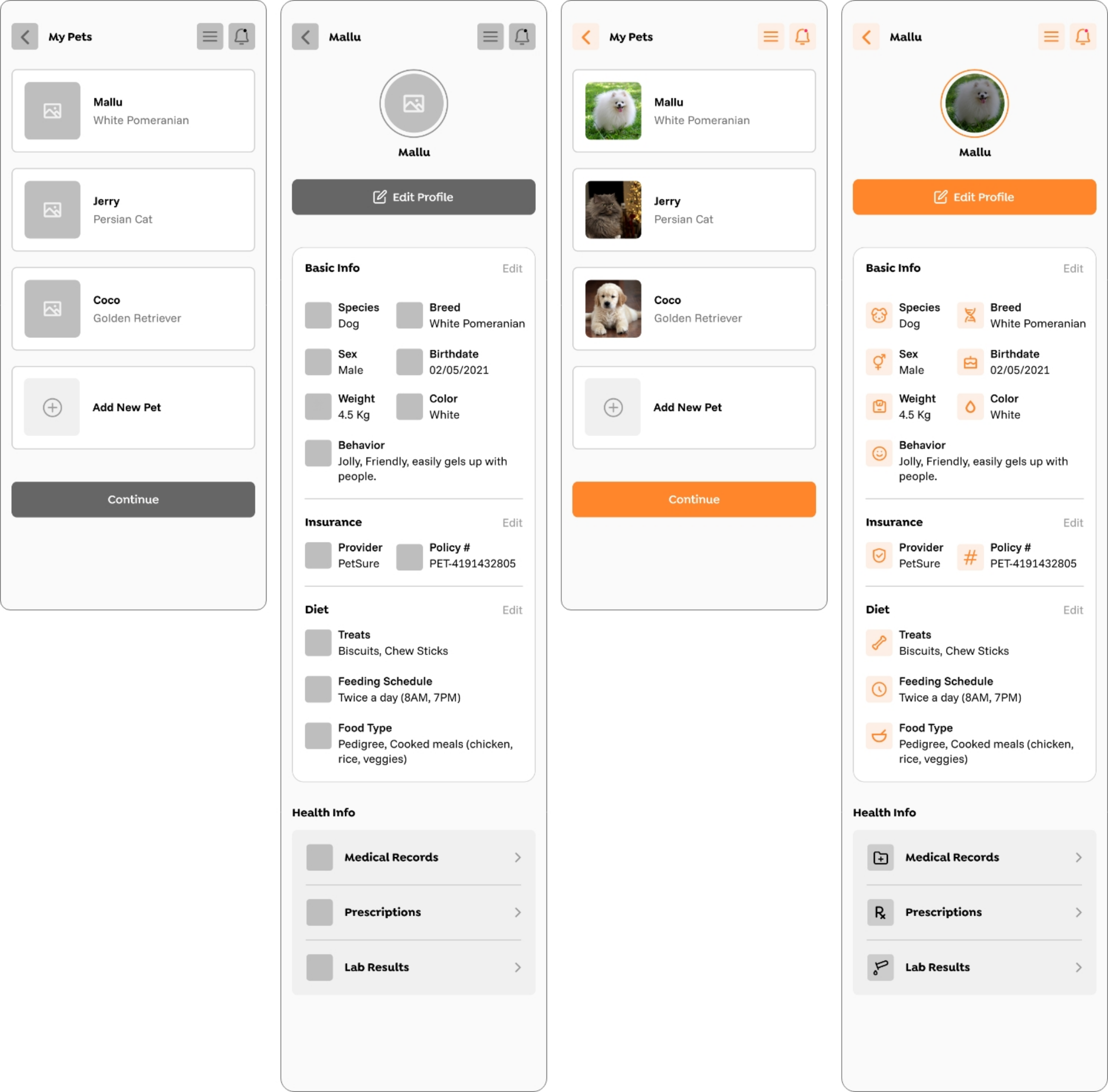 Final UI design for my pets, and pet detail pages.
